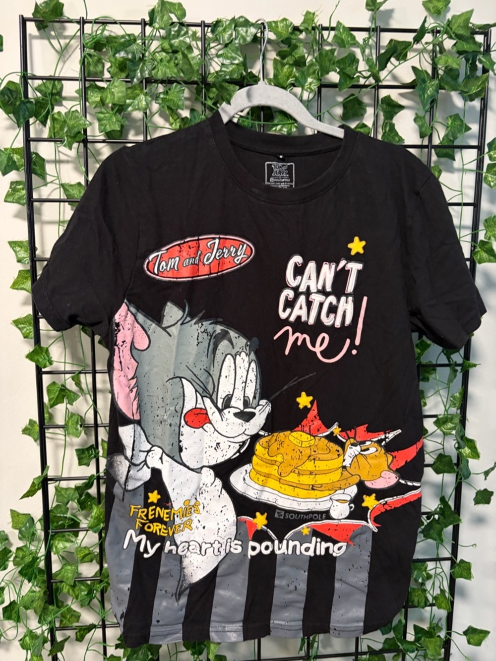 South Pole Tom and Jerry Black Cartoon Graphic Tee with Yellow & Pink Accents